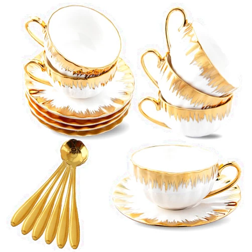 CHANJOON 6 Teacups Tea Tray Spoon Set, 6oz with Galvanized Gold Rim and Gift Box, Ceramic White English Coffee Teacup (gold color, Large)