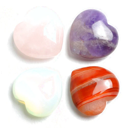 Togous 4Pcs Healing Crystals and Heart Stones, Amethyst Rose Quartz Opal Agate Crystal Set Bulk, Polished Love Worry Stones Palm Pocket Stone Reiki Meditation 1.2