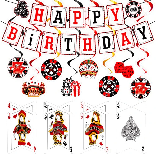 Outus 17 Pieces Casino Poker Theme Party Decorations Casino Birthday Banner Hanging Swirl 3D Table Toppers Decorations for Poker Party Supplies
