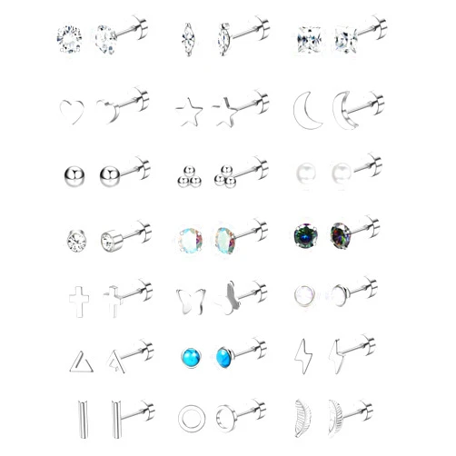 Jstyle 21 Pairs Hypoallergenic Flat Back Stud Earrings for Women Men Surgical Stainless Steel Earrings for Sensitive Ears Cartilage Earring Small Studs Earrings Set Stacks Screw Back Earrings Piercing