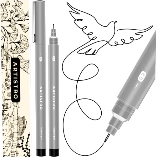 ARTISTRO Set of 2 Fineliner Pens, Black Micro Pens for Drawing, Waterproof Archival Ink, Ultra Fine Tip Pen for Illustration, Technical Pen, Sketching, Writing, Drawing, Journaling, Pair of Fine Tip