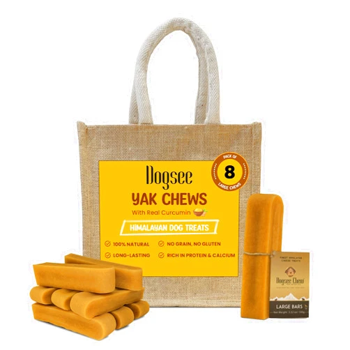 Dogsee Himalayan Yak Cheese Dog Chews with Turmeric/Curcumin (Large- 8Chews) | Healthy Dog Treats | Hip & Joint Health Support for Dogs | Long Lasting Dental Chews