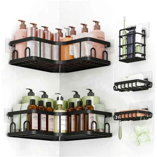 Veken Corner Shower Caddy 5-Pack, Advanced Rustproof Design, No Drilling Adhesive Shelves, Rack with Soap Holder, Large Capacity Bathroom Organizers and Storage, Wall-Mounted Kitchen&Home Decor,Black