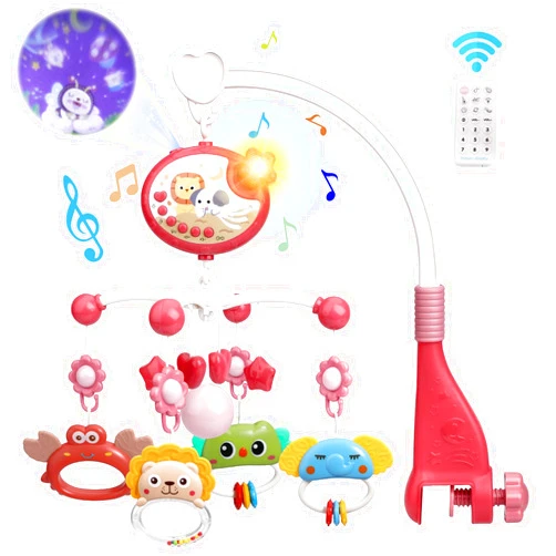 Mini Tudou Baby Crib Mobile with Music and Lights,360°Rotation Remote Control Musical Mobile for Crib with 400 Lullabies,Projection Night Light and Chewable Rattle Toy,Crib Mobile for Girls and Boys