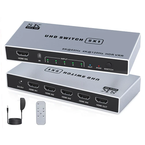 Tioleje 8K HDMI Splitter 5 in 1 Out HDMI Switch - 4k 120Hz HDMI 2.1 Switch Box Port Expander Selector with Remote Support 3D/HDR/HDCP2.3 Vision, Compatible with PS 5/4/3 Xbox Switch DVD Player TV PC