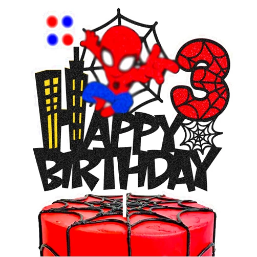 Fivsssfuaa Spider 3rd Birthday Cake Topper Spider Cartoon Movie Themed Happy 3s Birthday Cake Decorations for Men Boy Children Bday Party Supplies Double Sided Glitter Black Décor