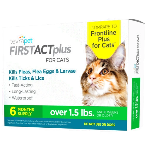 TevraPet FirstAct Plus Flea and Tick Prevention for Cats Over 1.5lbs, 6 Monthly Doses, Topical Drops