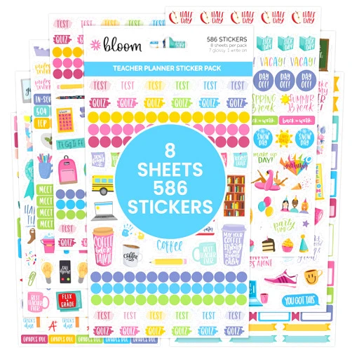 bloom daily planners New Teacher Planner Sticker Pack - School Themed Planning Stickers for Teachers, Educators, Homeschoolers, etc.- 8 Sheets/586 Stickers per Pack!
