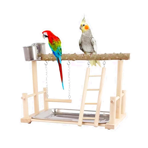 JINGSIJI Wooden Bird Toys Playground, Bird Cage Accessories,Bird Sports Platform，Bird Perches,Comes with 2 Stainless Steel Cups and Detachable Tray