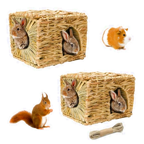 Hamiledyi 2 Pcs Grass House for Rabbit Natural Hand Woven Seagrass Play Hay Bed Foldable Woven Hideaway Hut Toy for Bunny Hamster Guinea Pig Chinchilla Small Animals