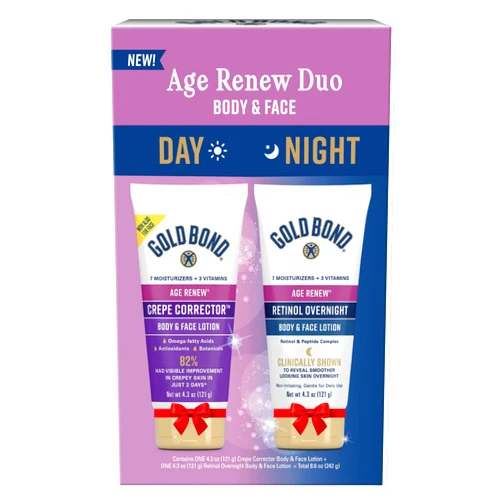 Gold Bond Age Renew Day & Night Duo Lotion Set for Body & Face, Gold Bond Crepe Corrector Lotion, Visibly Firms Skin & Gold Bond Retinol Overnight Lotion, Visibly Smooths Skin, 8.6 oz.
