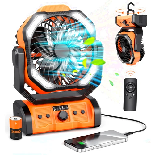 Peouix Portable Rechargeable Camping Fan - 20000mAh Cordless Battery Powered Fan with LED Lantern, Remote Auto Oscillating USB C Table Battery Operated Tent Fan for Travel Outdoor Beach