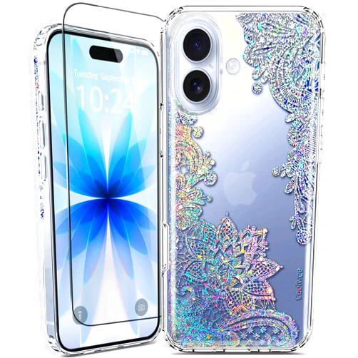 Coolwee Clear Glitter for iPhone 17 Case with Screen Protector, Cute Cover for Girls Women, Slim Shockproof 10FT Drop Protection for iPhone 17 Phone Case Crystal Lace Bling Mandala Henna