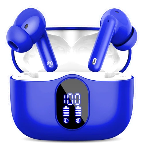 Btootos Wireless Earbuds Bluetooth 5.3 Headphones Bass Stereo Ear Buds with Noise Cancelling Mic LED Display in Ear Earphones IP7 Waterproof 36H Playtime for Laptop Pad Phones Sports Workout Blue
