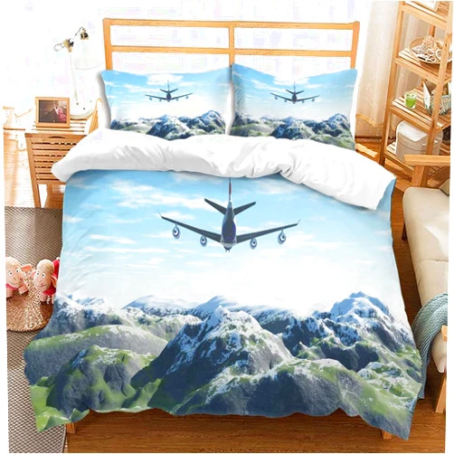 Jingzhang Aircraft Duvet Cover Set Beautiful Snowy Mountain Plane Quilt Cover with Zipper Closure Spring Snowy Mountain Plane Comforter Cover with 2 Pillow Shams,Full Size