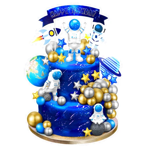 Epakh 24 Pcs Astronaut Space Cake Toppers Outer Cake Toppers Decoration Astronaut Figurines Planet Rocket Satellite Pearl Balls and Stars Space Theme Decor for Birthday Party Baby Shower(Blue)