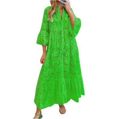 chouyatou Women's 2024 Lace Eyelet Embroidery Maxi Dress V-Neck Trumpet Sleeve Boho Flowy Swing Dress