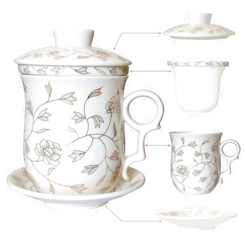 HOLLIHI Porcelain Tea Cup with Lid and Saucer Infuser Sets - Chinese Jingdezhen Ceramics Coffee Mug Teacup Loose Leaf Tea Brewing System for Home Office