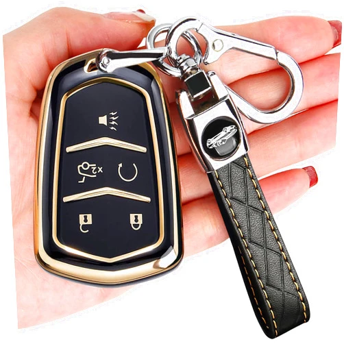 TECARATE for Cadillac Key Fob Cover - Key Fob Cover Case Holder for 2015-2019 Cadillac Escalade CTS SRX XT5 ATS STS CT6 Superior Soft TPU 360 Degree Full Protection (Black)