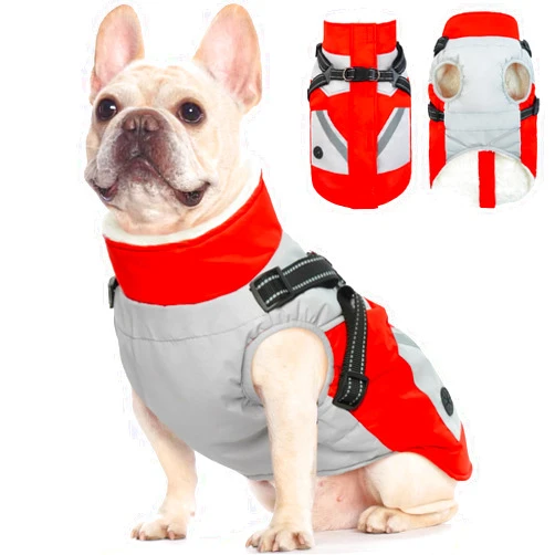 FUAMEY Dog Jackets-Dog Coat with Harness Built in-Waterproof Dog Jacket-Dog Winter Coat with Zipper On Back-Snowsuit Pet Clothes Poop Bag Pockets-Reflective Dog Vest for Extra Small Dogs Red XS