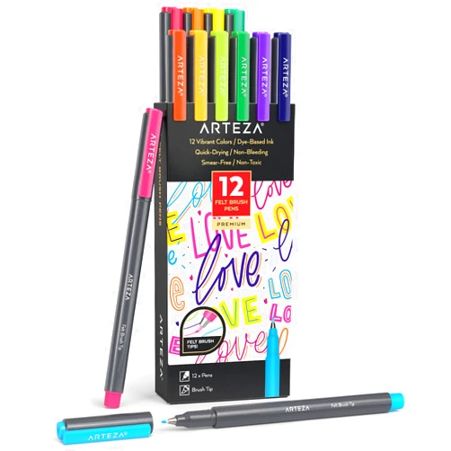 ARTEZA Felt Tip Pens, Set of 12 Bright Brush Tip Calligraphy Pens, Dye-Based Ink