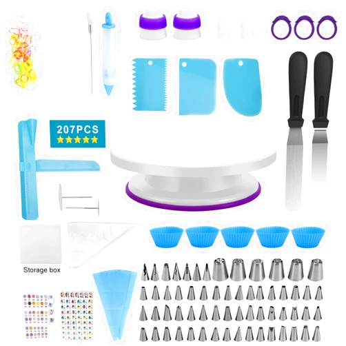 Orache 207 Cake Decorating Sets for baking beginners,61 baking tips &Russian piping tips& Nozzles-Baking tools,icing pen,Cake Turntable Stand, Piping bag with Tips &disposable bag ties
