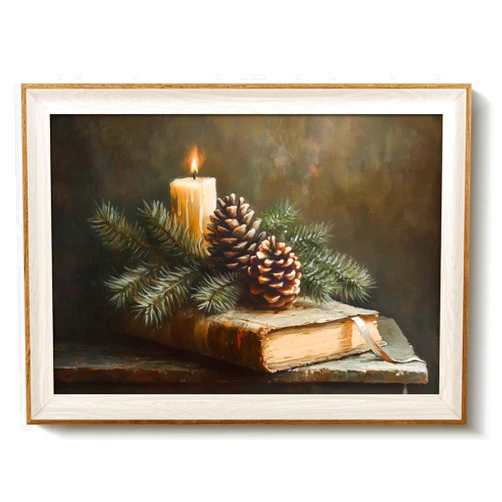 VIYYIEA Winter Framed Wall Art for Living Room, Books and Pinecones Canvas Prints, Oil Painting Home Decor, Christmas Picture, Bathroom Wall Decor Gifts for Friends or Family - 16L x 12W