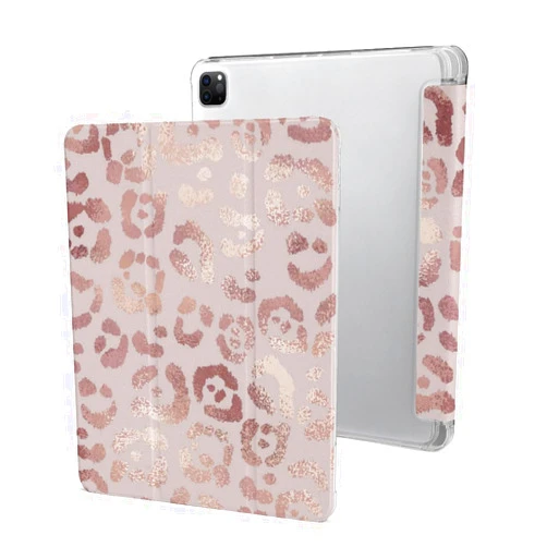 NUJAKE Rose Gold Leopard Pattern iPad Pro 12.9 Inch Cases (6th 5th 4th Generation, 2022/2021/2020 Model),with Pencil Holder, Trifold Stand, Transparent Back Protective Cover, Auto Wake/Sleep
