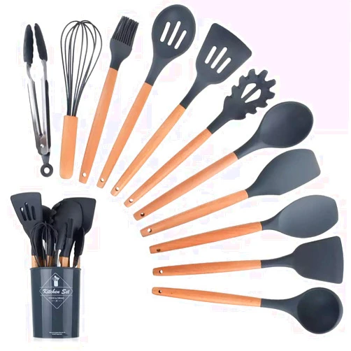 Karangrad Karangred 12Pcs Silicone Cooking Kitchen Utensils Set with Holder,Wooden Handles Cooking Tool,BPA Free,Non Toxic Turner Tongs Spatula Spoon Kitchen Gadgets Set for Nonstick Cookware (Black)