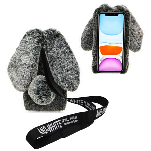 DasKAn for OnePlus Nord N200 5G 3D Bunny Ears Plush Case with Crossbody Strap, Winter Warm Handmade Bling Diamond Soft Rabbit Fluffy Furry Fur Shockproof Protective Phone Cover, Grey