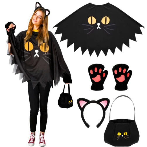 Yearntown Set of 4 Halloween Costume Set for Women Black Cat Costume, Black Cat Poncho, Candy Bag, Kitty Headband and Paw Gloves for Adult Halloween Cosplay Party