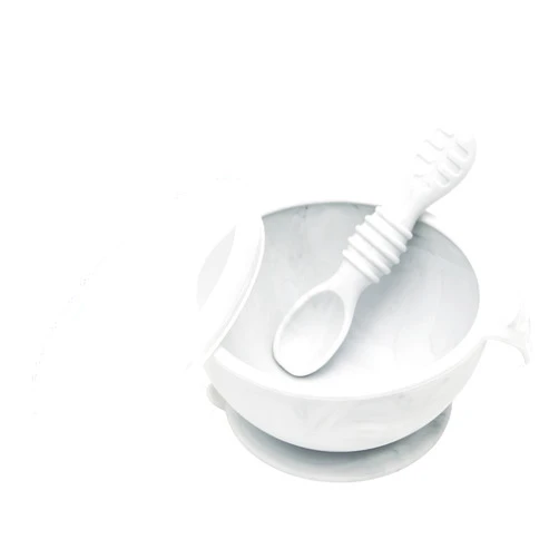 Bumkins Baby Bowl, Silicone Baby Feeding Set with Suction for Baby and Toddler, Includes Spoon and Lid, First Feeding Set, Essential for Baby Led Weaning for Babies 4 Months, Marble