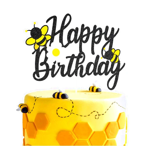 LILIPARTY Glitter Bee Happy Birthday Cake Topper,Happy Bee Day Cake Decor,Honey Bee Themed Birthday Party Supplies,Garden Bugs Party Centerpiece,Multi-colored