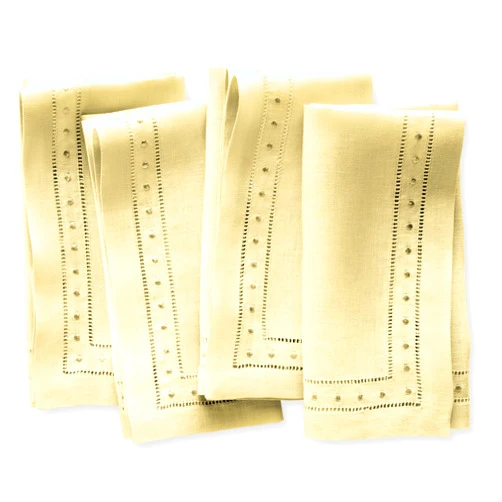 O'lucio Authentique Home Linen Napkins 18 x 18 inch - 100% Flax Linen Yellow Dinner Napkins with Embroidered Dot 18 x 18 inch - Hemstitch Cloth Napkins Washable for Fall, Thanksgiving and Autumn Decor