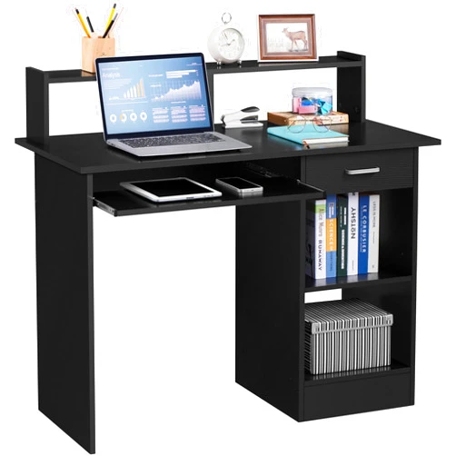 Yaheetech Home Office Wood Computer Desk with Drawers and Pull-Out Keyboard Tray, Study Writing Desk PC Laptop Table with Hutch and Storage Shelves, Modern Workstation, Black