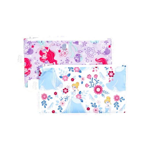 Bumkins Disney Reusable Snack Bags, for Kids School Lunch and for Adults Portion, Washable Fabric, Waterproof Cloth Zip Bag, Supplies Travel Pouch, Food-Safe, 2-pk Princess