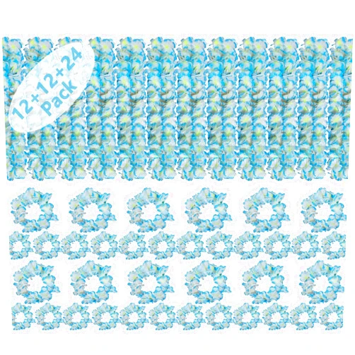 Mowane 48Pcs Thickened Hawaiian Leis Bulk, Tropical Flower Lei Jumbo 12 Headband 24 Bracelets 12 Floral Necklace Hawaii Party Supplies, Floral Garland Hula Luau Decorations Birthday Beach Wedding (Blue)