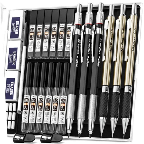 Nicpro 6PCS Art Mechanical Pencil Set, 3PCS Metal Drafting Pencil 0.5 mm & 0.7 mm & 0.9 mm & 3PCS 2mm Graphite Lead Holder (2B HB 2H) For Writing, Sketching Drawing With Lead Refills Case