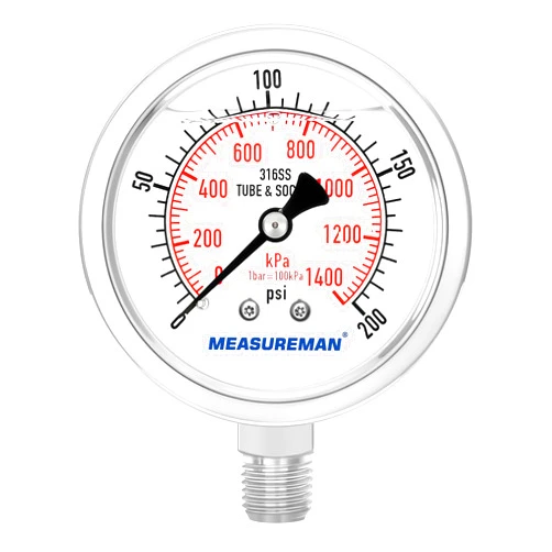 MEASUREMAN Fully Stainless Steel Hydraulic Glycerin Filled Pressure Gauge, 2-1/2