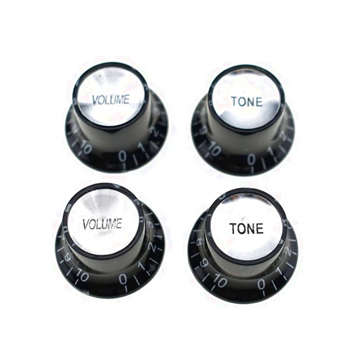 HAHIYO Top Hat Guitar Bell Knobs 6mm Inside Diameter Keep Flush with SG Epiphone Clear Word Control Speed Volume Tone Knob Reflector Cap Guitar for Les Paul Guitar Bass Pots Amp Plastic Black 2sets