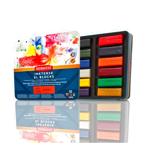 Derwent Inktense XL Blocks 12 Tin, Set of 12, 60mm Extra-Large Block, Water-soluble, Ideal for Sketching, Drawing and Expressive Mark Making, Professional Quality (2306162)