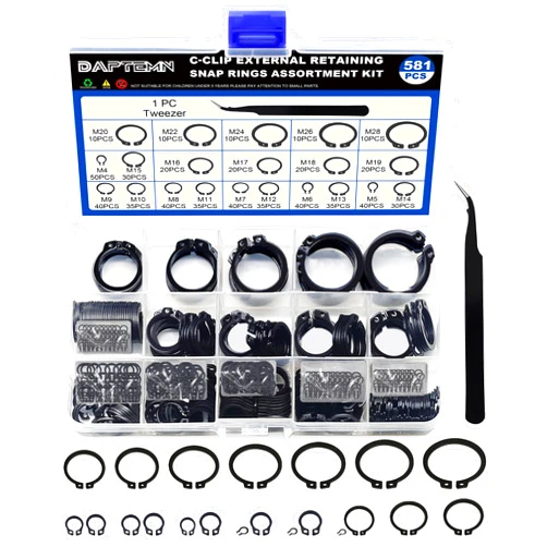 Daptemn External Retaining Rings Assortment Kit, 580 PCS Circlip Snap Retaining C-Clips Black Alloy Steel Rings and 1 PC Tweezers, Includes Sizes of M4-M28