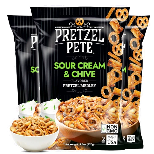 Pretzel Pete Sour Cream Chive Seasoned Pretzel Medley, Nut-Free and Sesame-Free Snack, Small Batch, Bold Flavor (9.5oz, Pack of 3)