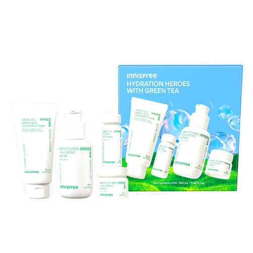 innisfree Hydration Heroes with Green Tea, Routine Kit with Korean Skincare Serum, Cleanser, Toner, and Cream (Packaging May Vary)