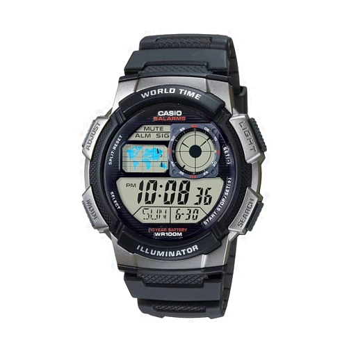 Casio AE1000W Series | Men’s Digital Watch | 100M WR | Multi Alarms | 100 SEC Stopwatch | Countdown Timer | World Map for World Time | LED Light | LC Analog Display | 10 Year Battery