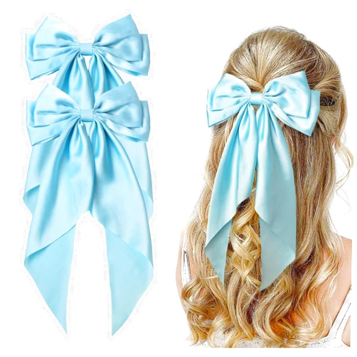Furling Pompoms Oversized Hair Bows for Women,Large Satin Silky Hair Bow Clips Ribbon Long Tail French Barrette Hair Clamps Ponytail Hair Accessories Party Wedding (Sky Blue)