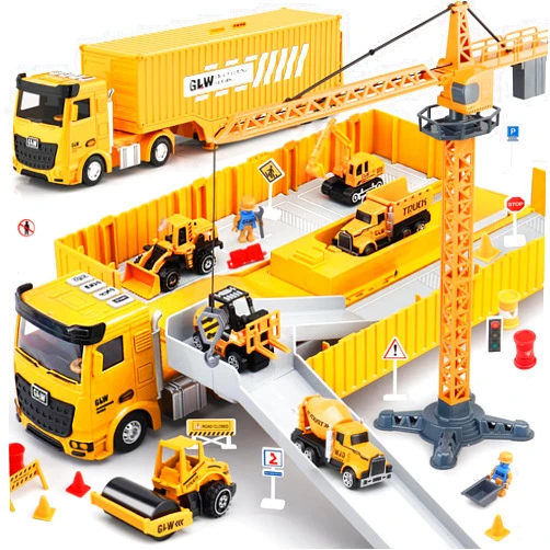 Pupu Pig Kids Construction Toys, Construction Truck Toys Set w/Crane, Excavator, Forklift,Bulldozer,Dump Trucks,Cement Truck,Road Roller, Alloy Construction Vehicle Toys for 3 4 5 6 7 Years Old Boys Gifts