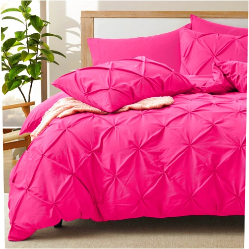 VACVELT 5 Piece Pinch Pleated Duvet Cover King Size Set, Hot Pink Pintuck Duvet Cover with Zipper & 8 Ties, Shabby Chic Microfiber Duvet Cover + 2 Pillow Shams + 2 Pillowcases, No Comforter