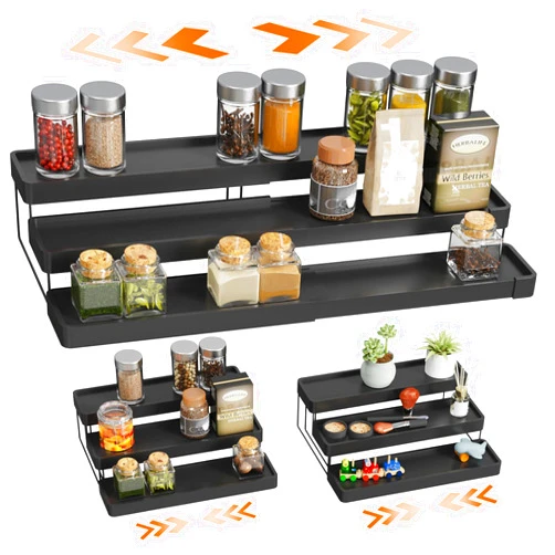 INVOCOO Expandable Spice Rack Organizer for Cabinet - 3 Tier Adjustable Cabinet Spice Organizer Easy Visibility - Spice Organizer for Cabinet Countertop Cupboard Pantry Organization (Black)