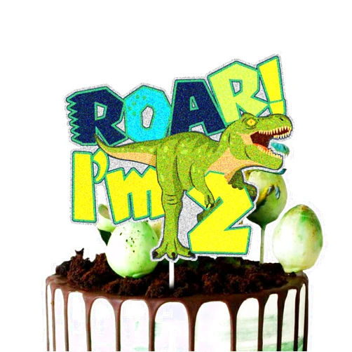 ChienMin Glitter Roar Dinosaur I’M 2 Cake Topper for Baby's Two Years Old Birthday Party Decorations, Jurassic Park T-Rex 2nd Birthday Cake Decor